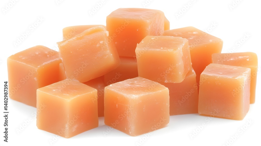 A pile of light orange, cube-shaped butterscotch candies sits on a white background.  The candies are glossy and appear soft and sweet.
