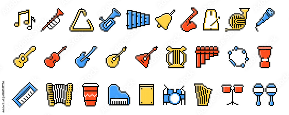 Set of pixel style colorful outlined musical icons including guitar, drum, saxophone, piano, microphone, accordion, flute, trumpet, tambourine, harp, and maracas.