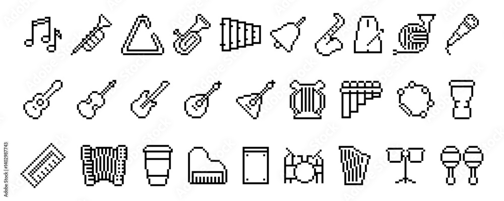 Set of pixel icon. Outline musical icons including guitar, drum, saxophone, piano, microphone, accordion, flute, trumpet, tambourine, harp, and maracas.