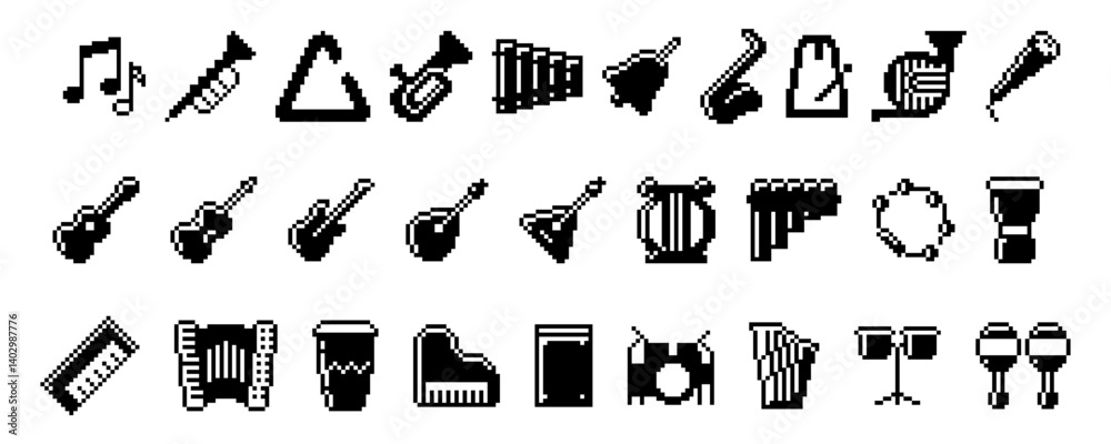 Set of pixel style musical silhouette icons including guitar, drum, saxophone, piano, microphone, accordion, flute, trumpet, tambourine, harp, and maracas.