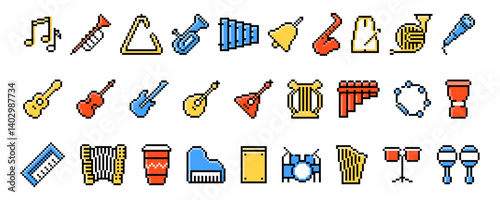 Obraz na płótnie Set of pixel style colorful outlined musical icons including guitar, drum, saxophone, piano, microphone, accordion, flute, trumpet, tambourine, harp, and maracas. w salonie
