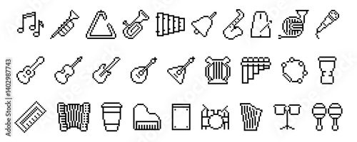 Obraz na płótnie Set of pixel icon. Outline musical icons including guitar, drum, saxophone, piano, microphone, accordion, flute, trumpet, tambourine, harp, and maracas. w salonie