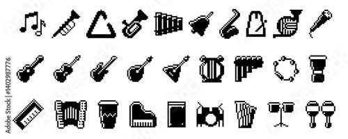 Obraz na płótnie Set of pixel style musical silhouette icons including guitar, drum, saxophone, piano, microphone, accordion, flute, trumpet, tambourine, harp, and maracas. w salonie