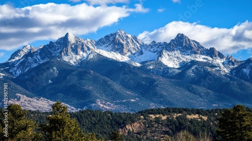 Wallpaper Mural Majestic snow capped mountain range with trees and fluffy white clouds Torontodigital.ca