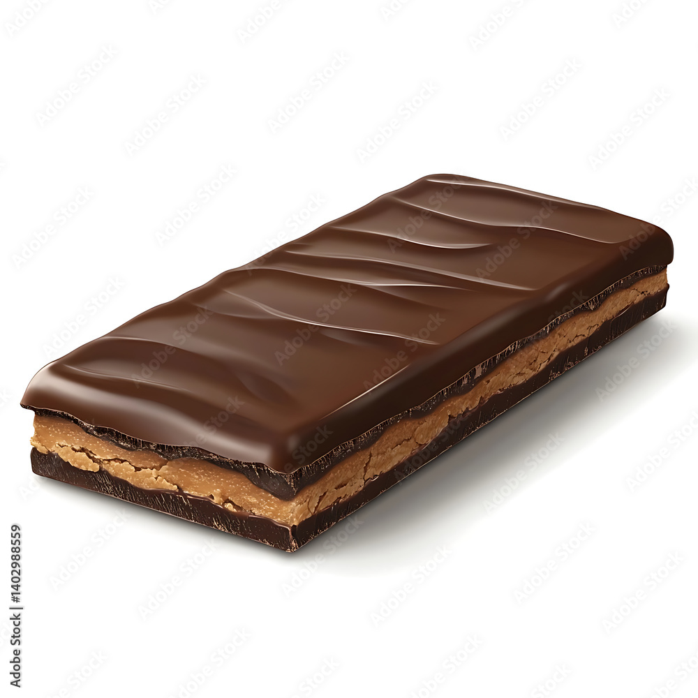 A rich and indulgent chocolate bar with glossy surface and delicate layers, isolated white background, hyperrealism art style A rich and indulgent chocolate bar with glossy surface and delicate layers, isolated white background, hyperrealism art style
