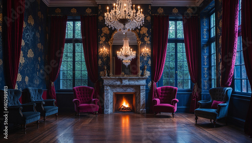 Luxurious Victorian Living Room With Fireplace,Chandelier And Wingback Armchairs