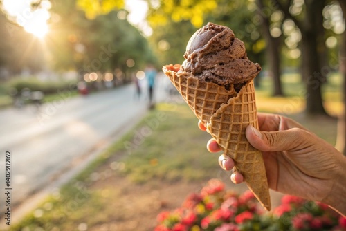 Hand holding a delicious, sweet ice cream cone with white cream in the park photo