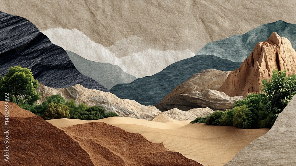 Abstract paper collage of desert landscape with mountains and lush green vegetation