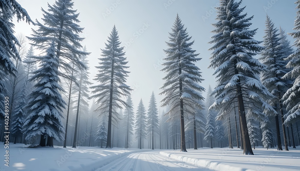Naklejka premium Serene Winter Forest Snow-Covered Pines and a Tranquil Path