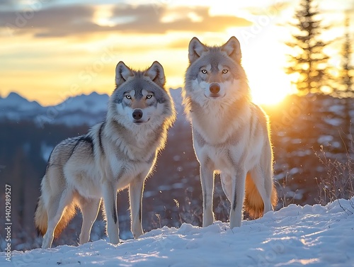Wolves at Sunrise on Snowy Peak photo