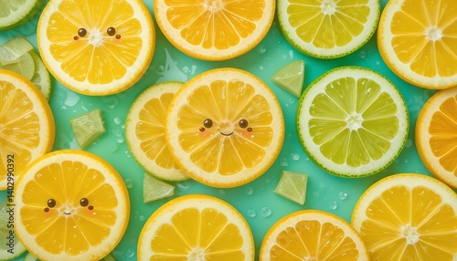 Kawaii Lemon and Lime Summer Fruit Design Vibrant Seamless Pattern