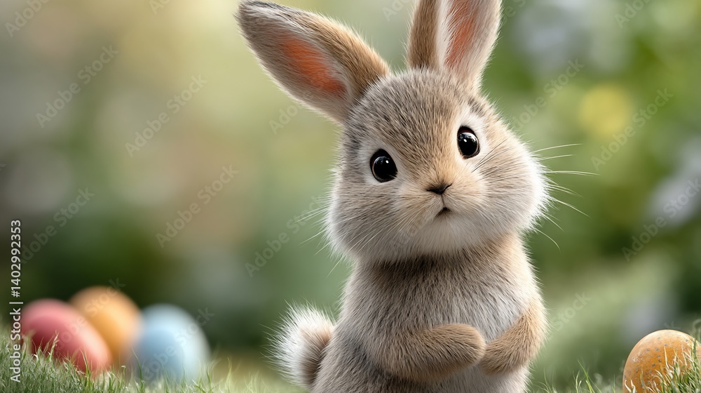 Fototapeta premium Adorable bunny amidst colorful Easter eggs (1)