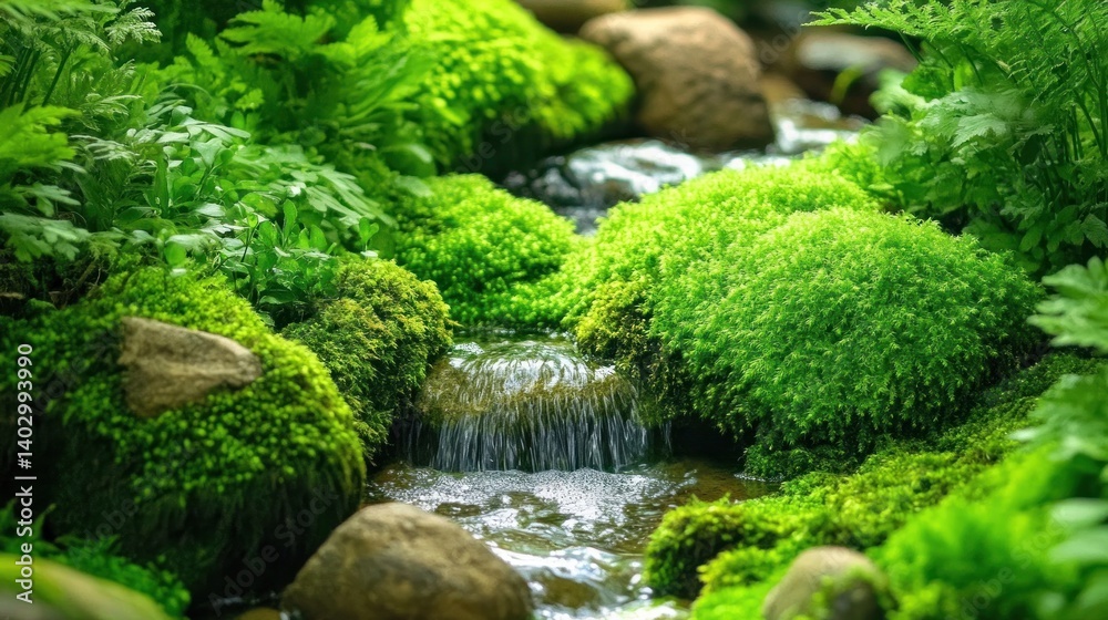Tranquil miniature stream cascading over moss-covered rocks in a lush garden setting. Tranquil miniature stream cascading over moss-covered rocks in a lush garden setting.