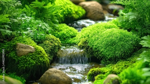 Tranquil miniature stream cascading over moss-covered rocks in a lush garden setting.
