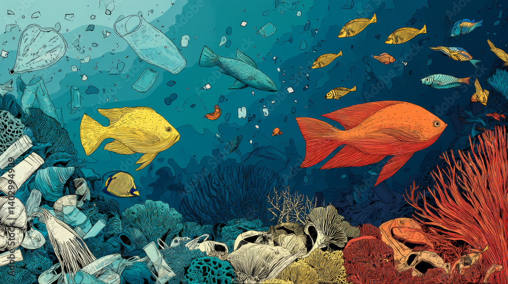 Naklejka premium illustration depicting marine biodiversity threatened by pollution, showcasing colorful fish swimming among debris and coral reefs, highlighting environmental concerns