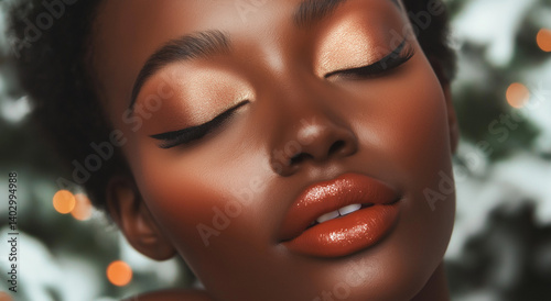 Brilho de pêssego para o feriado Um retrato em close de uma mulher com blush pêssego photo