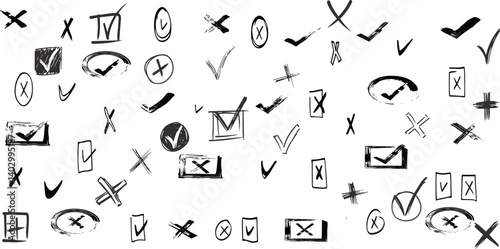 Doodle check marks. Hand drawn symbols for checking and voting, task list checkbox with cross and tick signs vector icons set