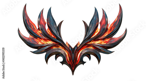 Fiery wings emblem logo design for games and branding with flames and metal illustration art concept on transparent background