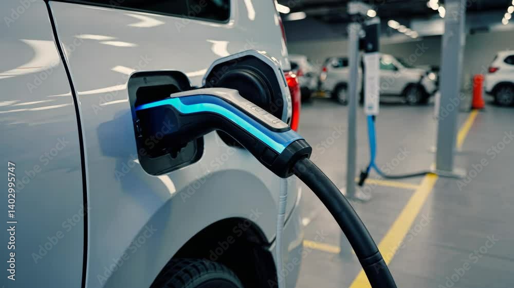 Electric car charging with a blue plug at a station. The electric vehicle getting energy in the parking lot.