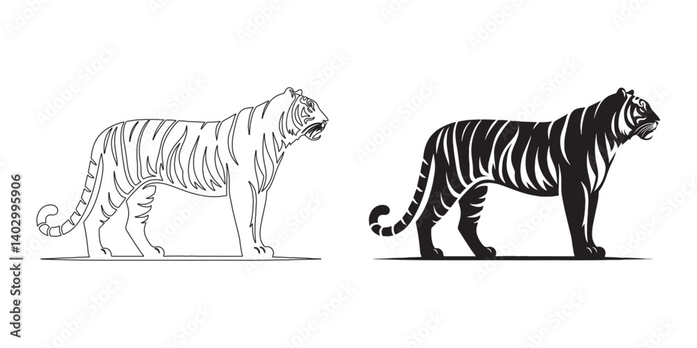 Obraz premium Strong tiger silhouette with refined vector detailing – ideal for nature and wildlife branding – tiger icon – tiger illustration – tiger lineart