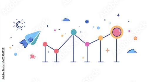 Stylized Rocket Launch and Financial Growth Chart Illustration Design