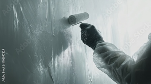 Painter using a roller to apply fresh white paint on an interior wall. Featuring smooth coverage and technique
