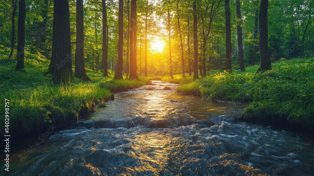 Obraz premium Sunset Serenity: A Tranquil Forest Stream