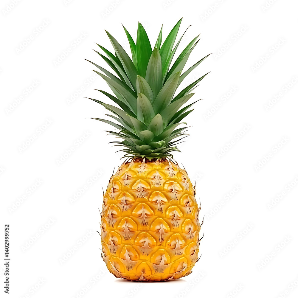Fototapeta premium A ripe pineapple with spiky green crown and golden yellow flesh, isolated white background, hyperrealism art style