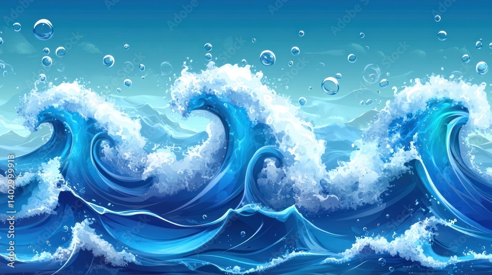 Fototapeta premium Dynamic waves illustration with bubbly surface creates energetic seascape