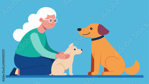 Pet Adoption Event An elderly individual with a hearing aid petting a dog at an adoption event while a happy volunteer assists with information about the animals.