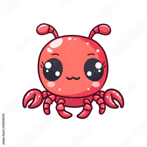 kawaii cartoon lobster with big sparkling eyes, tiny claws, blushing cheeks and curved tail, cute red sea animal style, isolated on white background