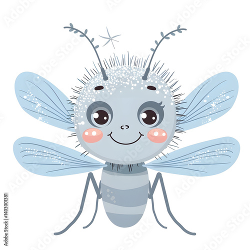kawaii cartoon mosquito with big sparkly eyes, blushing cheeks, tiny wings and smiling face, soft pastel gray and blue tones, isolated on white background