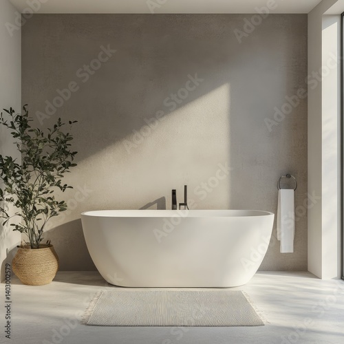 Modern, minimalist bathroom with a freestanding tub.  Natural light floods the space, highlighting the neutral color palette. A small plant adds a touch of greenery