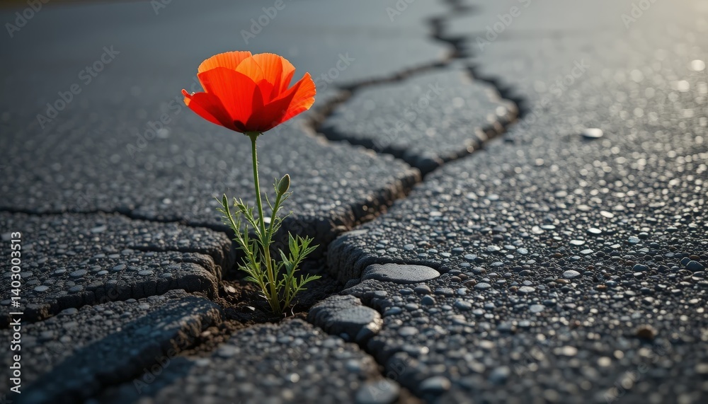 A vibrant red flower growing through a crack in the asphalt, symbolizing resilience and beauty in adversity. A vibrant red flower growing through a crack in the asphalt, symbolizing resilience and beauty in adversity.