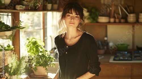 A young woman poses near kitchen plants in sunlight