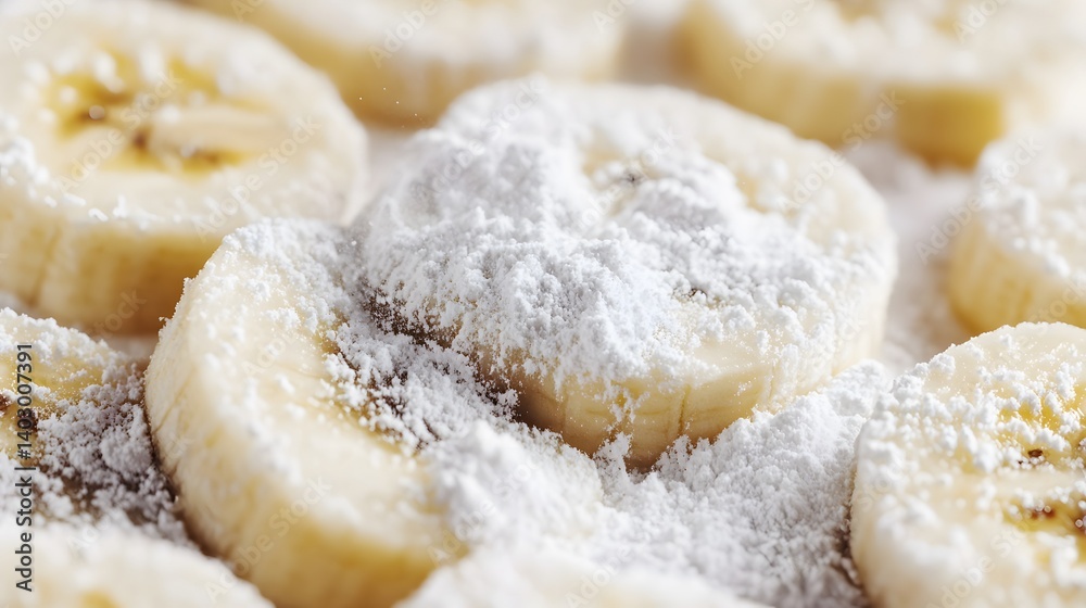 Close-up of sliced bananas generously dusted with powdered sugar. The image showcases the creamy texture of the bananas and the fine white powder coating them. Close-up of sliced bananas generously dusted with powdered sugar. The image showcases the creamy texture of the bananas and the fine white powder coating them.