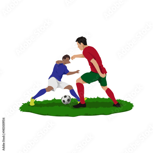 Duel Striker and defender playing futsal, football or soccer vector. player doing nutmeg.