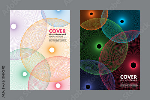 Vector abstract background with overlapping colorful wireframe circles. Modern design in bright and dark themes, for covers, posters, digital artwork, prints.