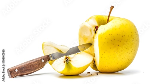 A yellow apple being cut with a wooden handled knife. A slice of apple is already cut and lies next to the apple.