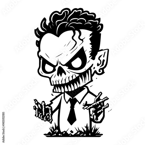 Monochrome Skull Businessman Cartoon Illustration