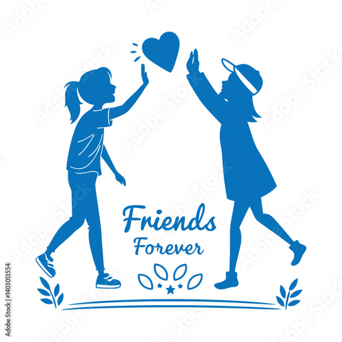 Two Girl Friends Celebrating Forever With Heart Graphic In Silhouette Style