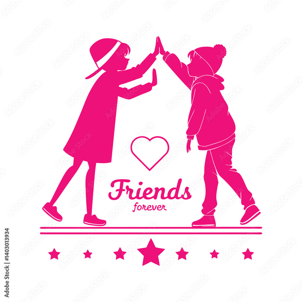 Two Kids Giving A High Five Celebrating Friendship Forever Pink Silhouette Two Kids Giving A High Five Celebrating Friendship Forever Pink Silhouette