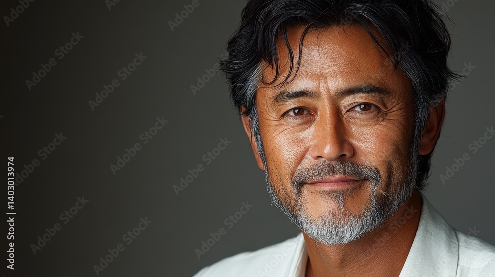 Fototapeta premium Portrait of a handsome man, graying hair, light skin, smiling, gray backdrop
