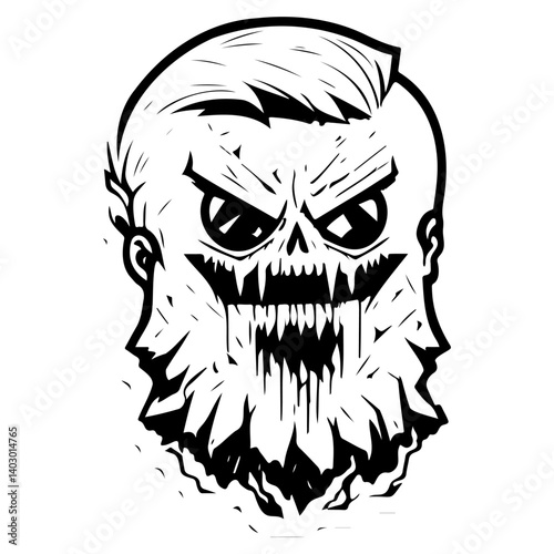 Horrific Zombie Barber Head, Black and White Art