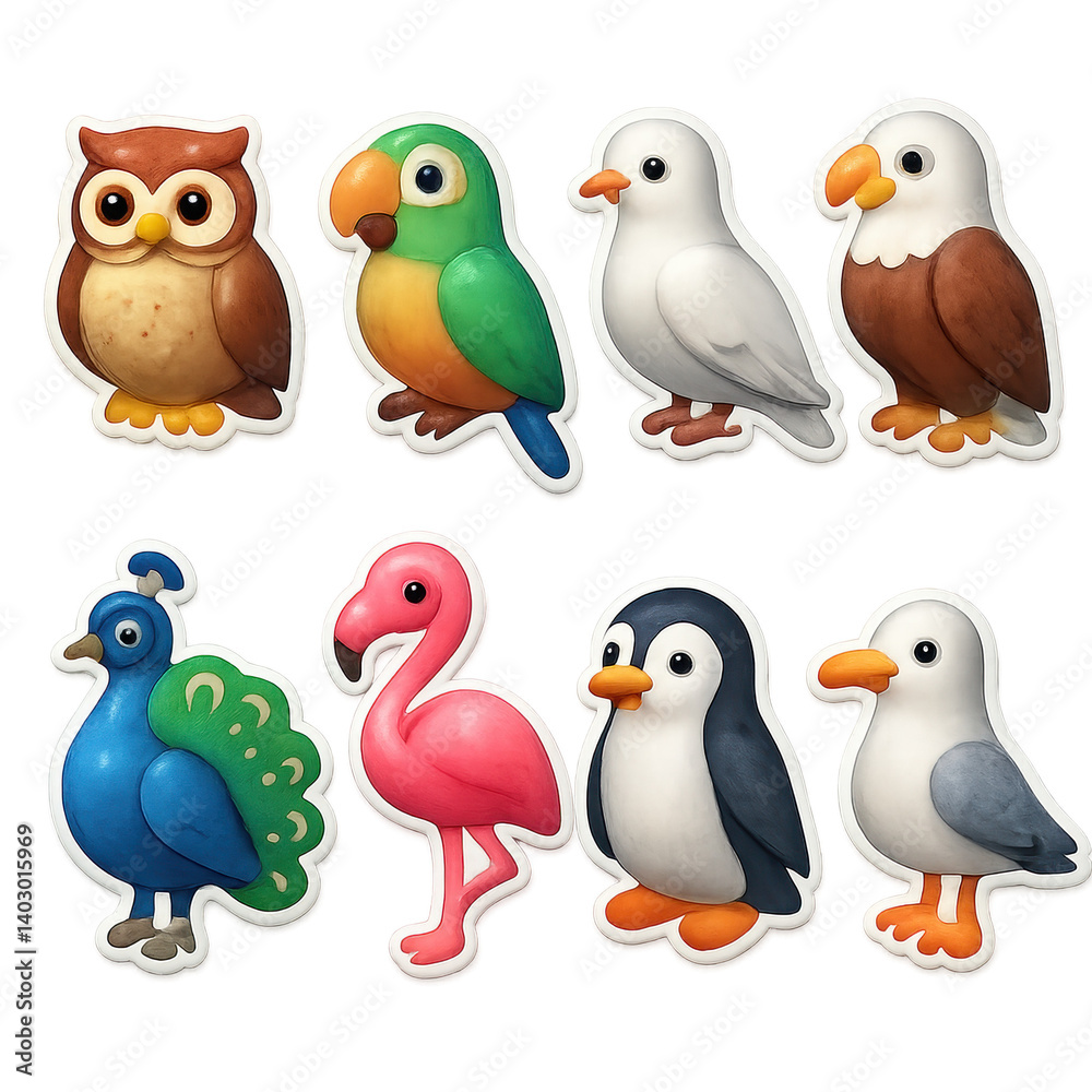 Fototapeta premium Charming 3d bird icons set: owl, parrot, dove, eagle, peacock, flamingo, penguin, seagull