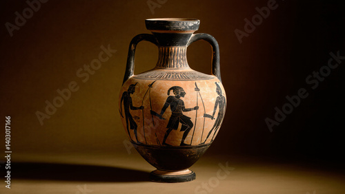 An ancient Greek amphora with black-figure artwork depicts human figures in motion, showcasing the artistic style, cultural heritage, and craftsmanship of classical antiquity. photo