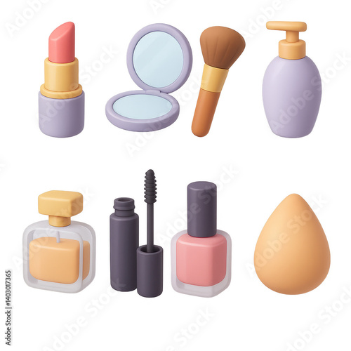Elegant 3d beauty essentials icon set featuring makeup and skincare items