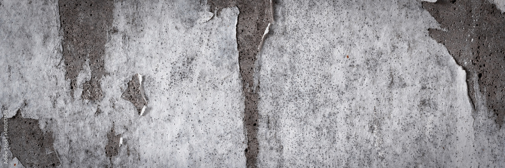 Torn old faded paper wallpaper on a concrete wall. Ragged scraps of white paper on a gray background. Vintage texture for background and design. Closeup view with copy space for text.