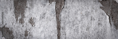 Obraz na płótnie Torn old faded paper wallpaper on a concrete wall. Ragged scraps of white paper on a gray background. Vintage texture for background and design. Closeup view with copy space for text. w salonie