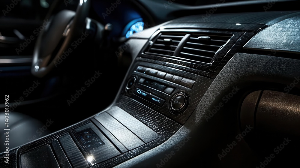 Naklejka premium Black luxurious car interior showing head unit sections